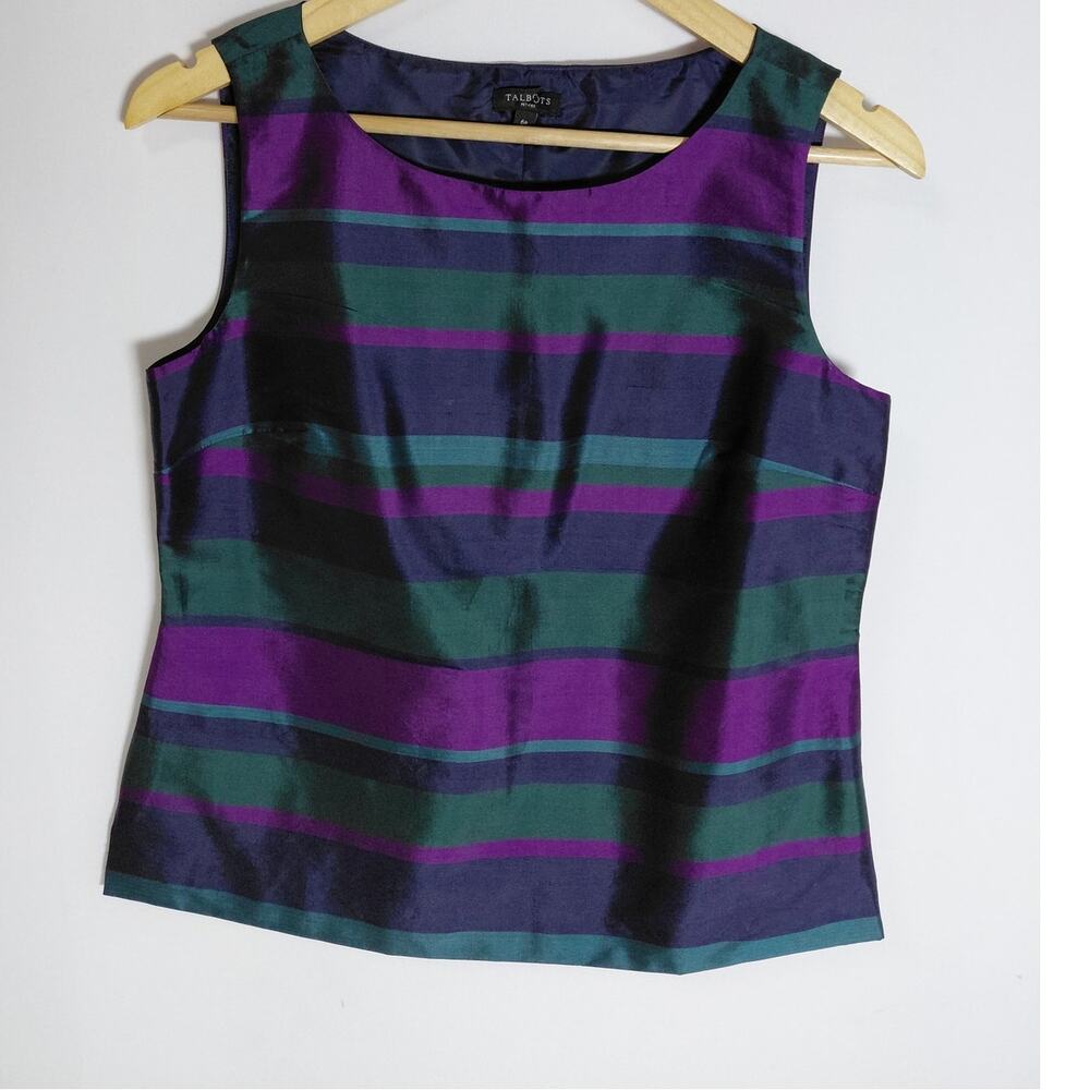 TALBOTS PETITES Silk Striped Top Purple Green Sleeveless Scoop Neck Size 6P